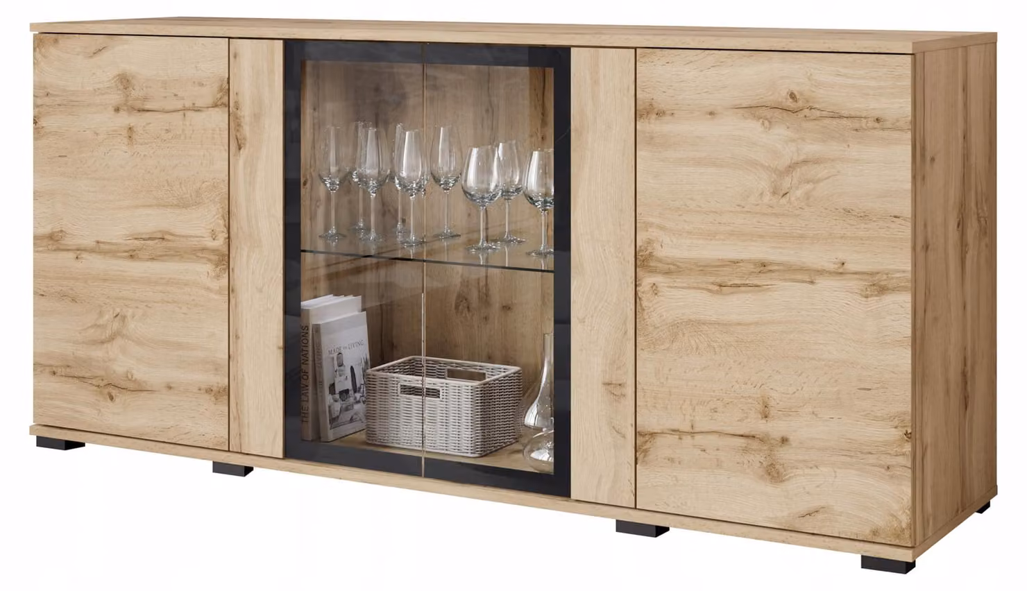 Mobile contenitore moderno da 150 cm, con vetri e cassetti, finitura wotan opaca