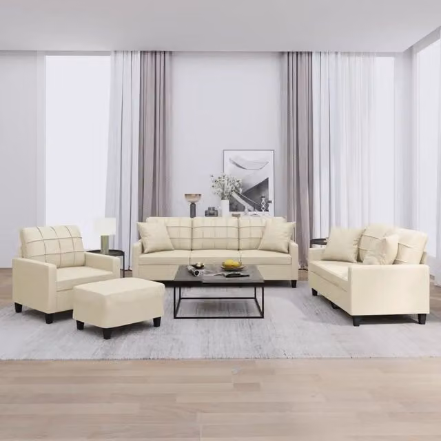 Set di divani moderno vidaXL in similpelle beige composto da un divano a 3 posti, un divano a 2 posti, un pouf e cuscini coordinati – 1