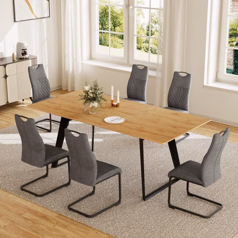 Set da pranzo con tavolo allungabile da 130-170 cm, completo di 6 sedie, con finitura effetto legno MDF, struttura in metallo grigio
