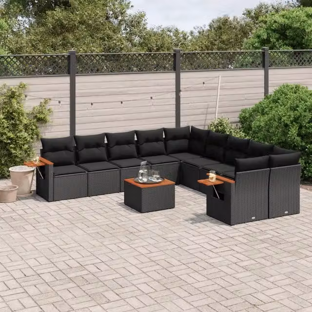 Set da giardino moderno vidaXL composto da 11 pezzi in polyrattan nero con cuscini inclusi e tavolino da caffè – 1