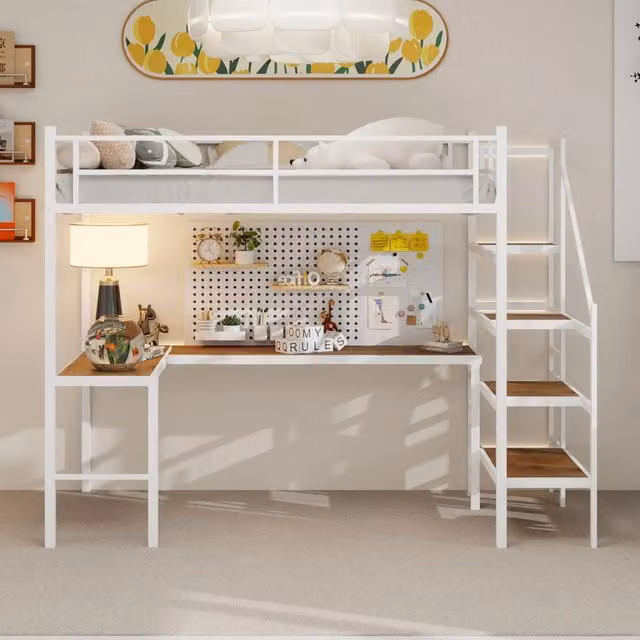 Letto a castello bianco con scrivania ad L funzione contenitore in ferro 90x190 cm