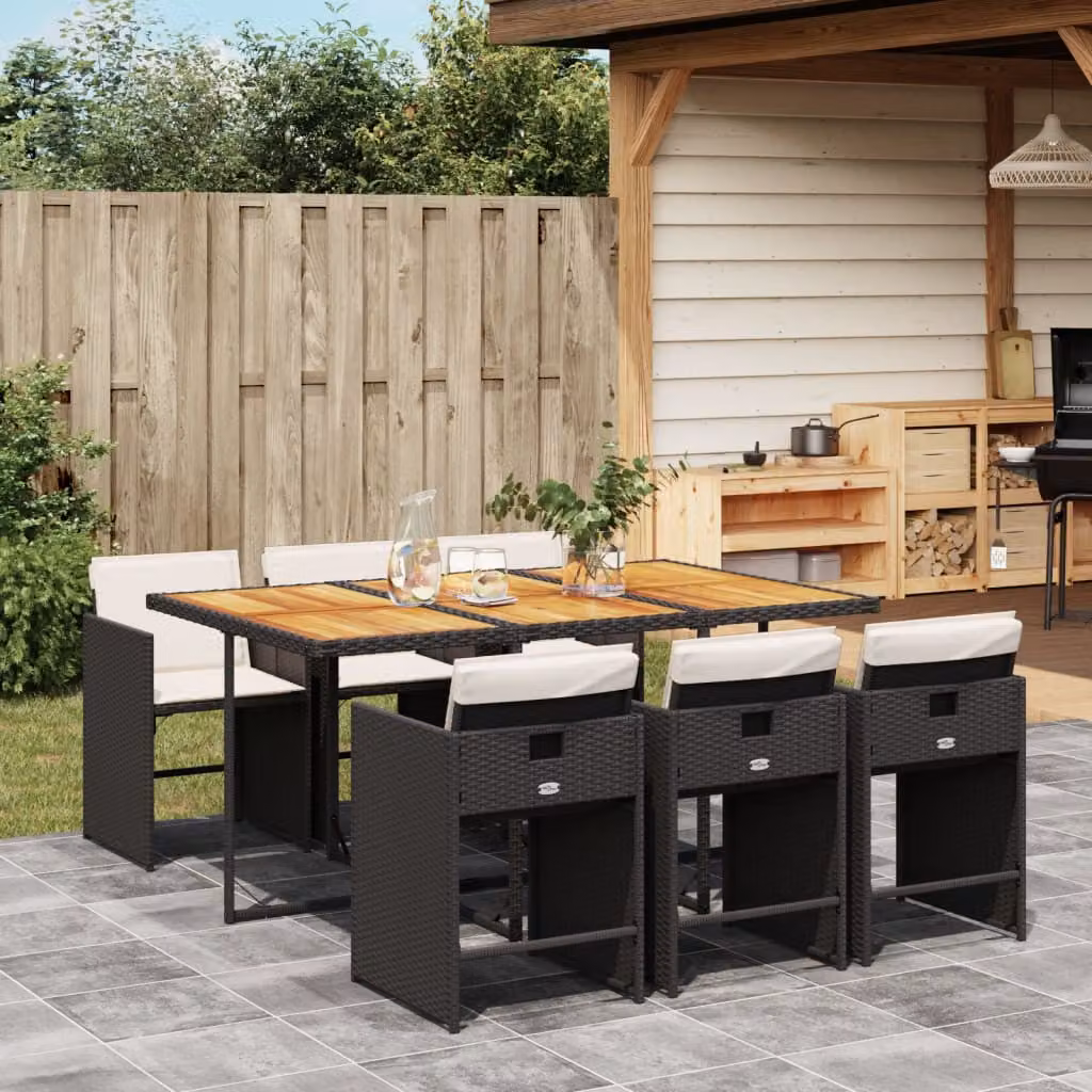 Set da pranzo da giardino vidaXL in polyrattan e legno di acacia composto da 7 pezzi con cuscini nero – 1