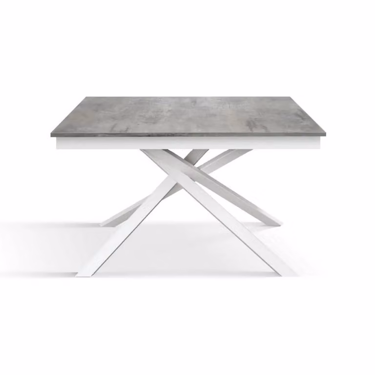 Tavolo VOLPAIA in legno, finitura grigio cemento e base in metallo verniciato bianco, allungabile 120×80 cm – 170×80 cm
