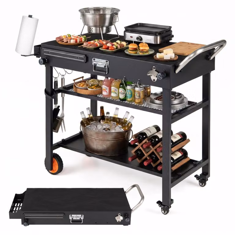 Carrello per barbecue da esterno, tavolo pieghevole per barbecue, carrello di servizio in metallo con ruote, superficie di lavoro di 86,5 x 46 cm, con ganci e 3 ripiani, tavolo per pizza resistente alle intemperie