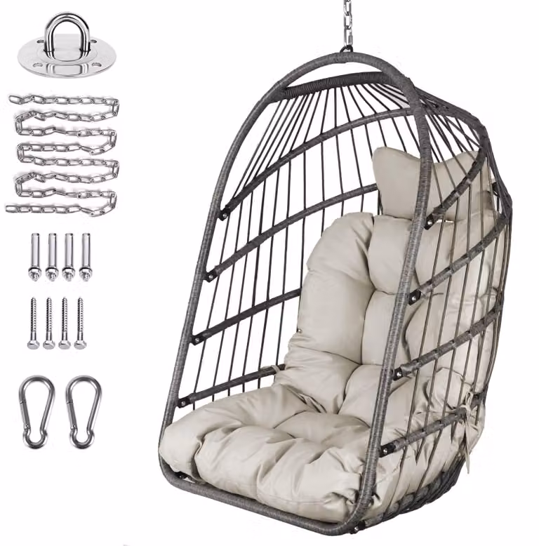 Sedia a dondolo sospesa in rattan pieghevole con cuscino resistente ai raggi UV