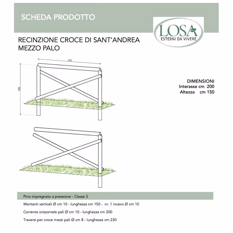 Set di 20 pezzi di recinzione in legno modello Croce di Sant'Andrea color beige impregnato per giardino, Lunghezza: 200 cm, Esterni da Vivere – 2