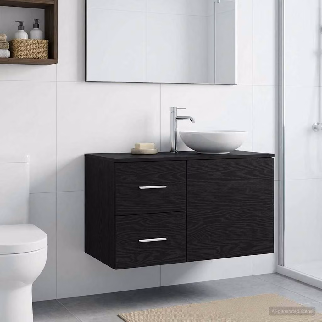 Armadio da bagno moderno vidaXL in legno Rovere Nero con ante e cassetti, L/P/H: 30 x 44,5 x 50 cm