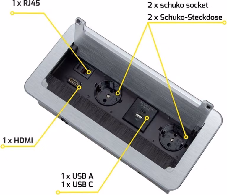 Presa da tavolo da ufficio con porte USB A e C, a scomparsa, con porte RJ45 e HDMI