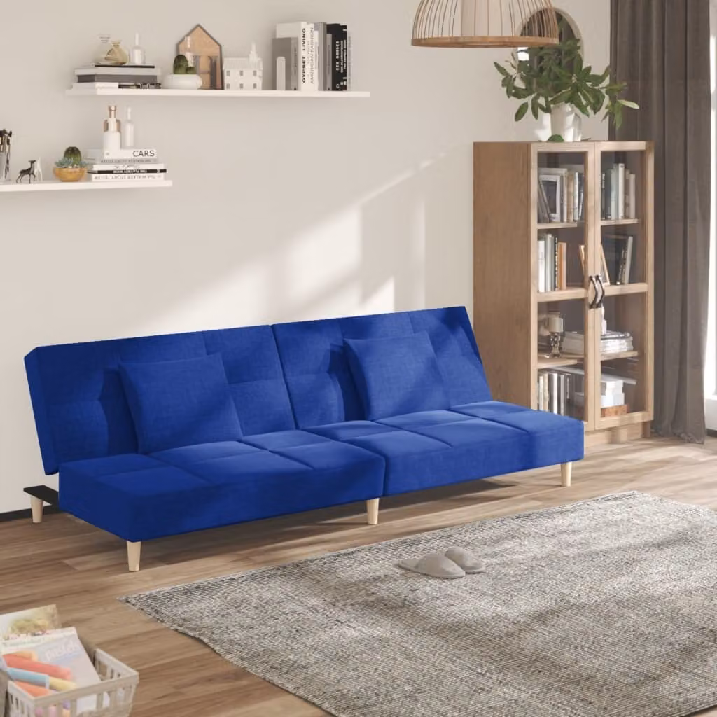Divano letto 2 posti con 2 cuscini, tessuto blu, marca Maison Exclusive