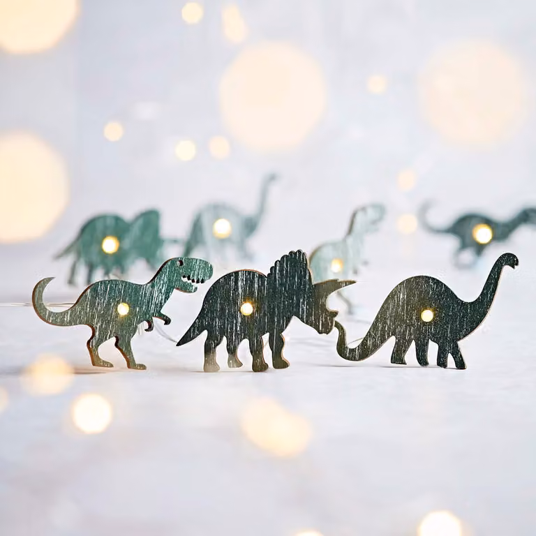 Catena luminosa a tema dinosauri, con 20 LED bianco caldo, timer integrato, lunghezza 1,9 metri