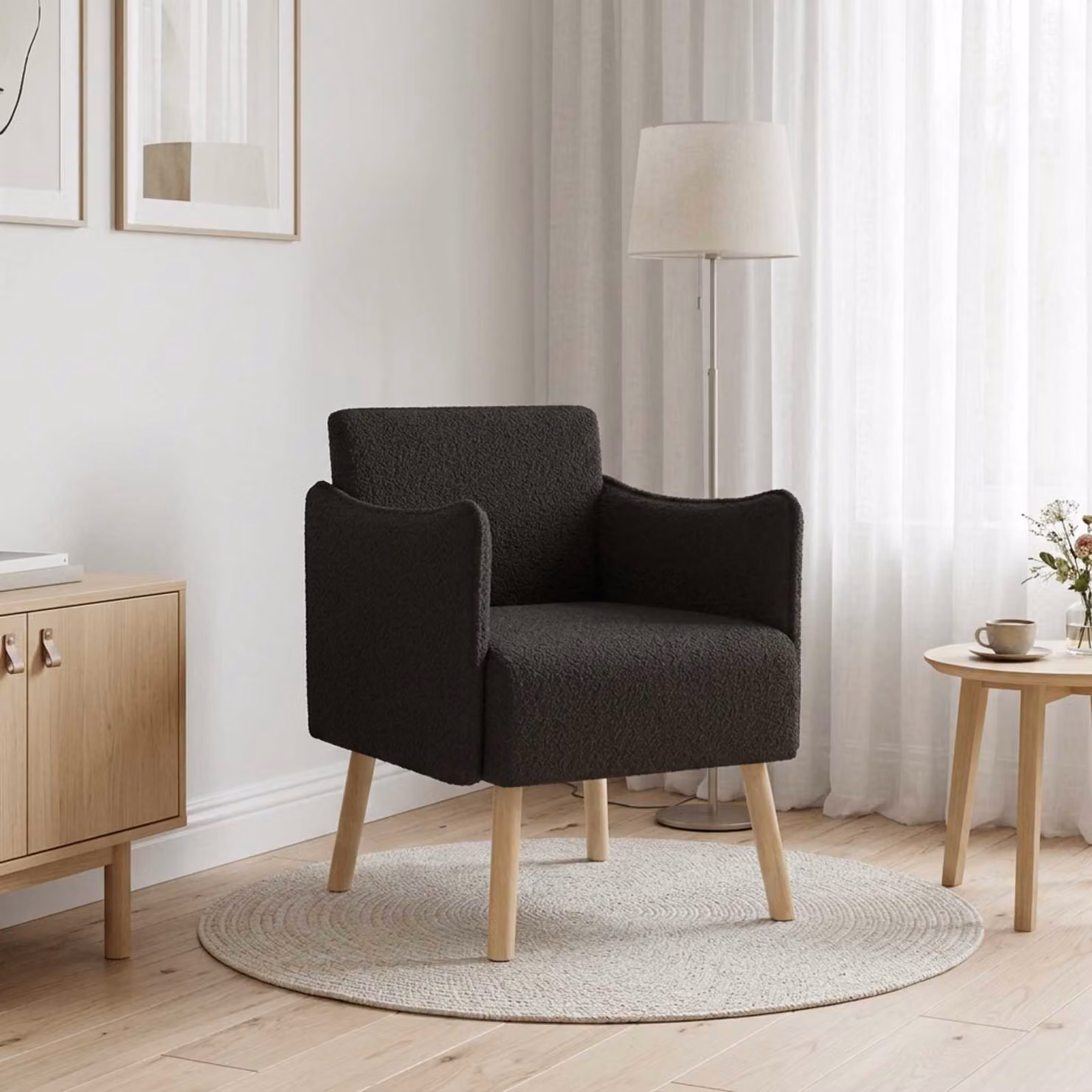 Sedia d'accento moderna vidaXL in tessuto bouclé nero con braccioli e struttura in legno