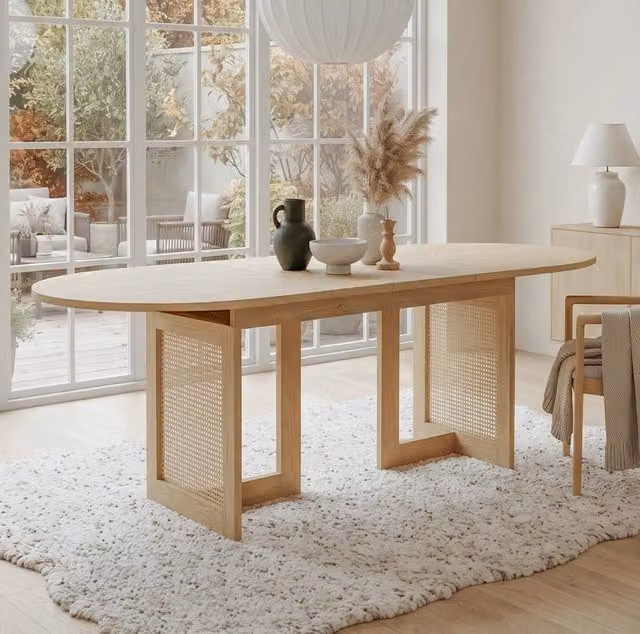 Tavolo da pranzo allungabile 150-200x90 cm con piano in MDF e gambe in rattan, colore quercia, per 6-8 persone