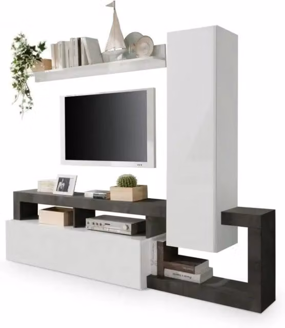Set mobili soggiorno con contenitori 220 cm, collezione BURA, bianco lucido/grigio antracite