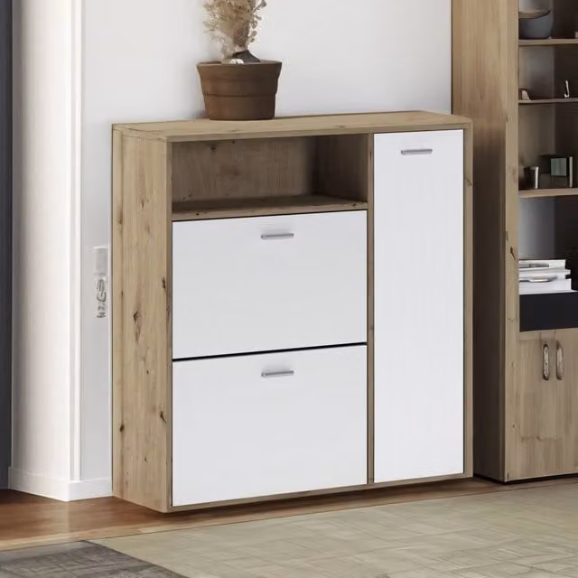Mobile da ingresso Scultore DMORA, Consolle portaoggetti e appendiabiti multifunzione, L: 92 cm, P: 26,6 cm, H: 94 cm, Rovere e Bianco