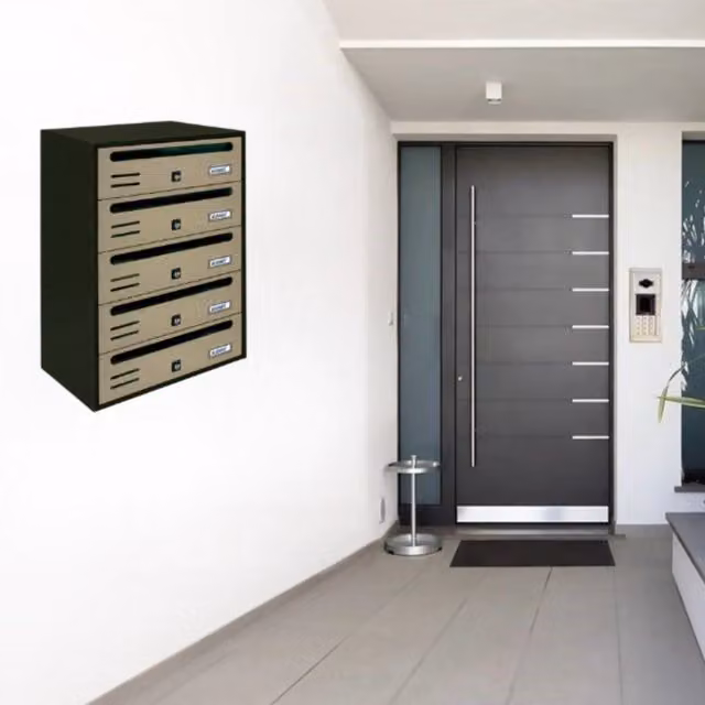 Cassette Postali Condominiali ALUBOX CUBO a 5 Posti in Lamiera Zincata, Colore Antracite e Sportelli Sabbia, L/P/H: 53,5 x 38,5 x 25 cm