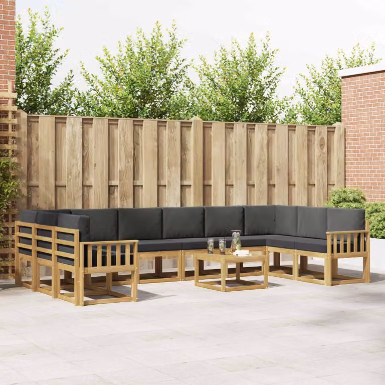 Set di divani da esterno vidaXL 11 pz in legno di acacia con cuscini, Bianco, Antracite e Marrone