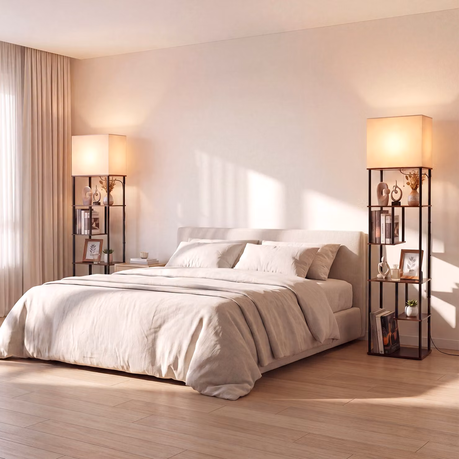 Costway Lampada da terra con 5 ripiani aperti per soggiorno, struttura in metallo nero e paralume in tessuto beige