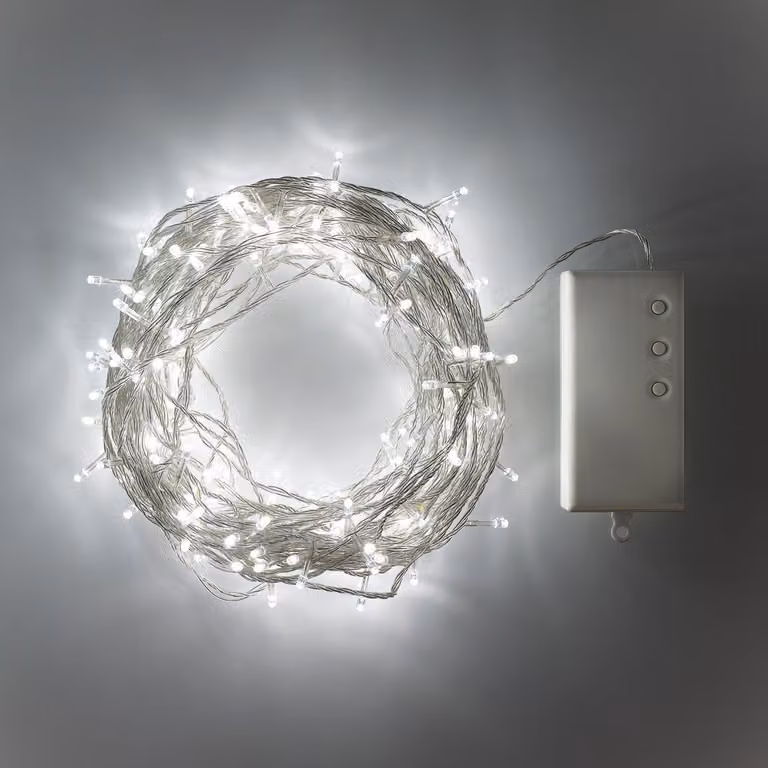 Catena luminosa a LED, 200 LED bianchi freddi, 19,9 metri, alimentata a batteria