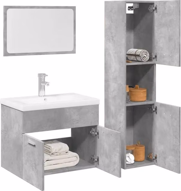 Set Mobili da Bagno Moderno vidaXL in Legno e Vetro Grigio e Bianco con Mobile Lavabo, Pensile e Armadietto Specchio a Sospensione