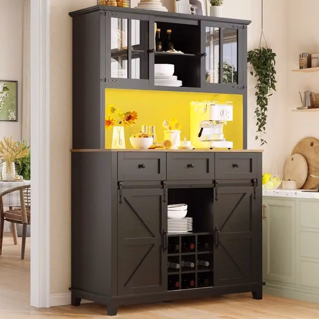 Credenza da cucina alta con vetrina LED, porta scorrevole e 3 ripiani regolabili, in MDF nero, 105 × 38.4 × 180 cm