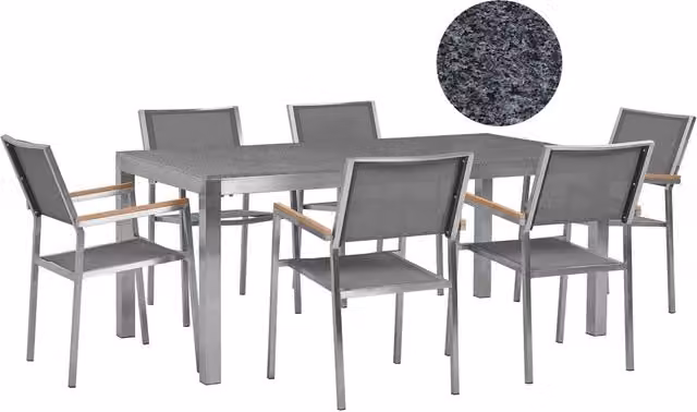 Set da pranzo da giardino Beliani grigio con piano in pietra naturale per 6 persone L: 178 cm, P: 90 cm, H: 76 cm