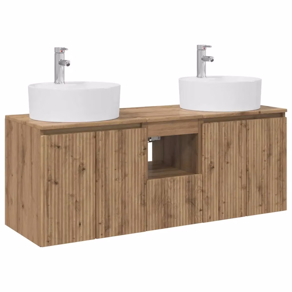 Set di mobili da bagno moderni vidaXL in legno color rovere marrone opaco, composto da 3 pezzi con armadietti a muro e mobile lavabo, L/P/H: 65,0 x 36,0 x 44,5 cm – 2