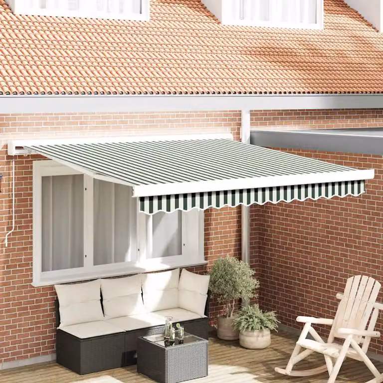 Tenda retrattile vidaXL con bracci pieghevoli in alluminio e tessuto in poliestere, Verde e Bianco, L: 350 cm x P: 250 cm