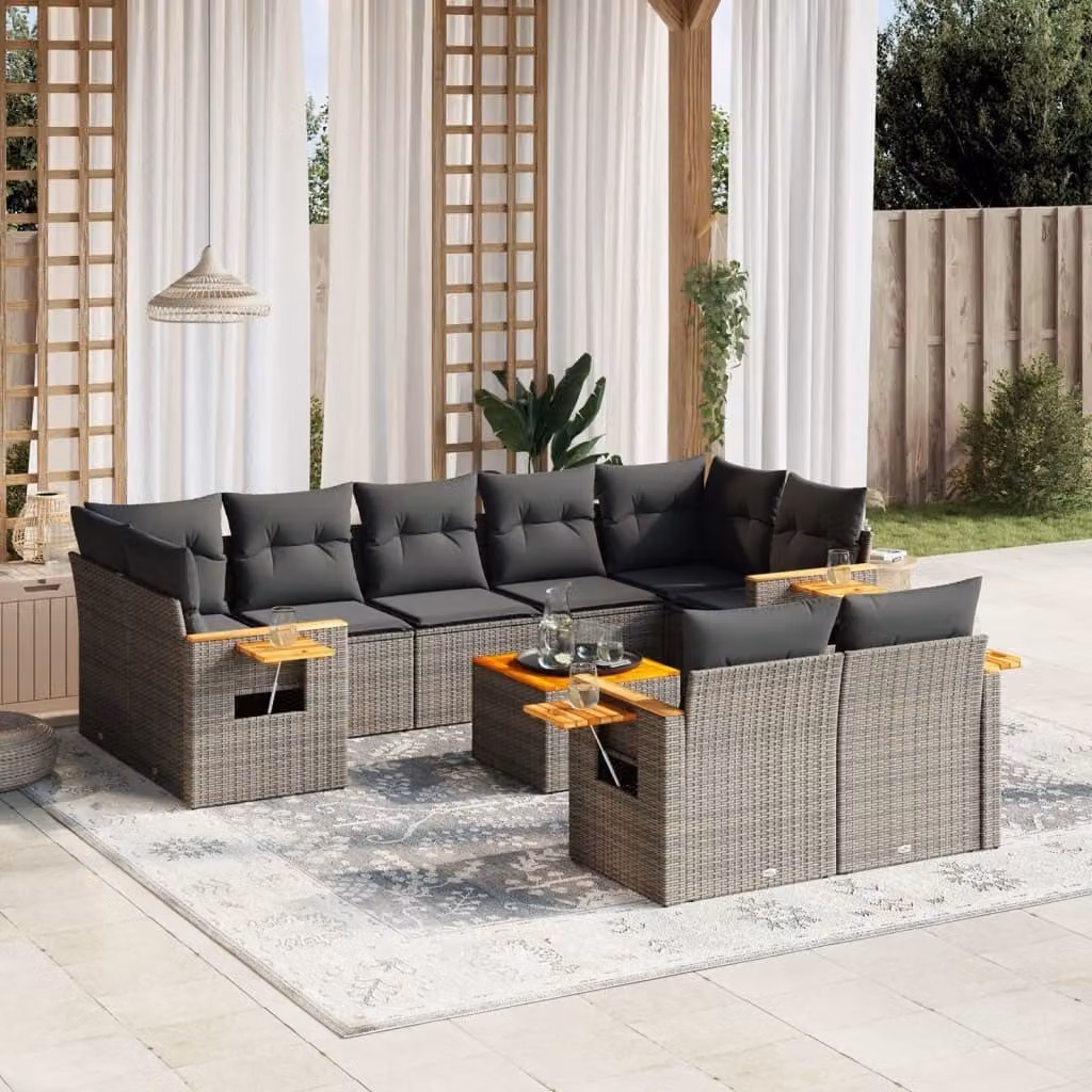 The Living Store Set di divani da giardino 10 pezzi con cuscini in poly rattan grigio