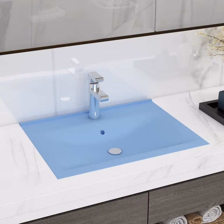 The Living Store Lavabo con foro per rubinetto azzurro opaco 60x46 cm in Vetroceramica