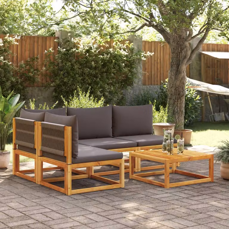 Set di divani da giardino vidaXL 5 pezzi in legno di acacia oliato e corda, colore marrone e grigio