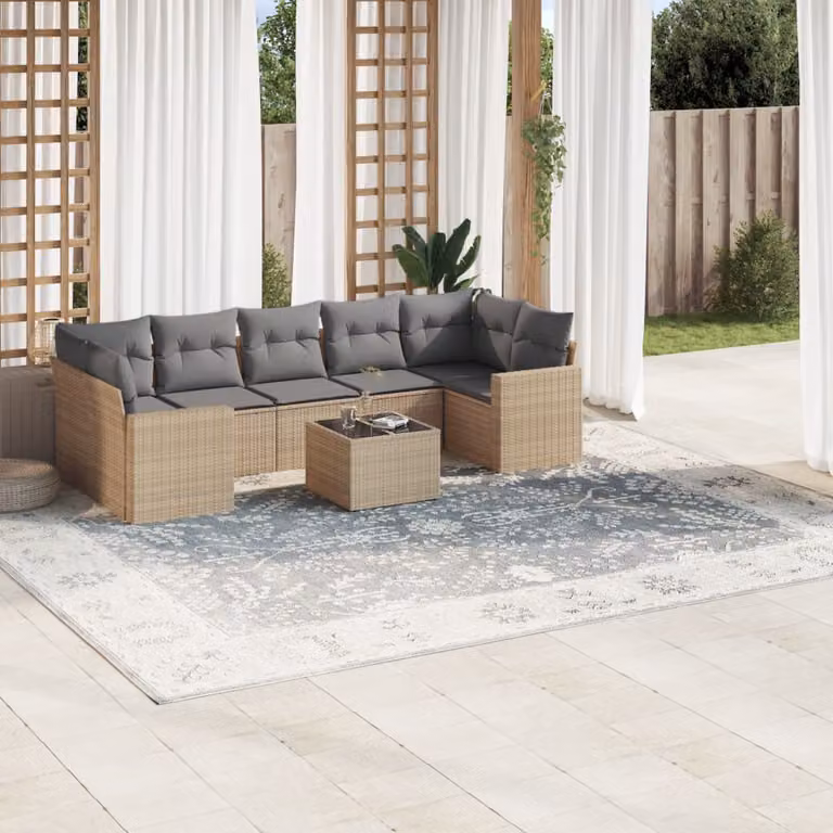 vidaXL Set Divano da Giardino 8 pz a Forma a L con Cuscini Beige e Tavolino da Caffè in Polyrattan e Acciaio