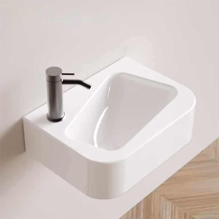 Lavabo in Vetroceramica, lavabo da appoggio, bianco, 35x25 cm, per installazione a sinistra