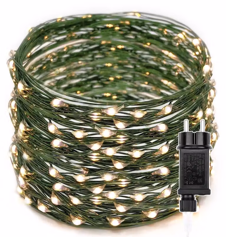 Catena luminosa a LED, 50 metri, 500 LED, luce bianco caldo, 8 modalità, grado di protezione IP44