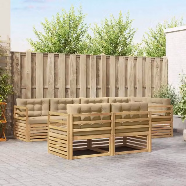 Set di divani da esterno a L vidaXL in legno di acacia con cuscini bianchi e beige