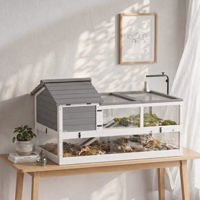 Casetta per tartarughe WISHDOR in legno di abete grigio con tetto rimovibile e design moderno
