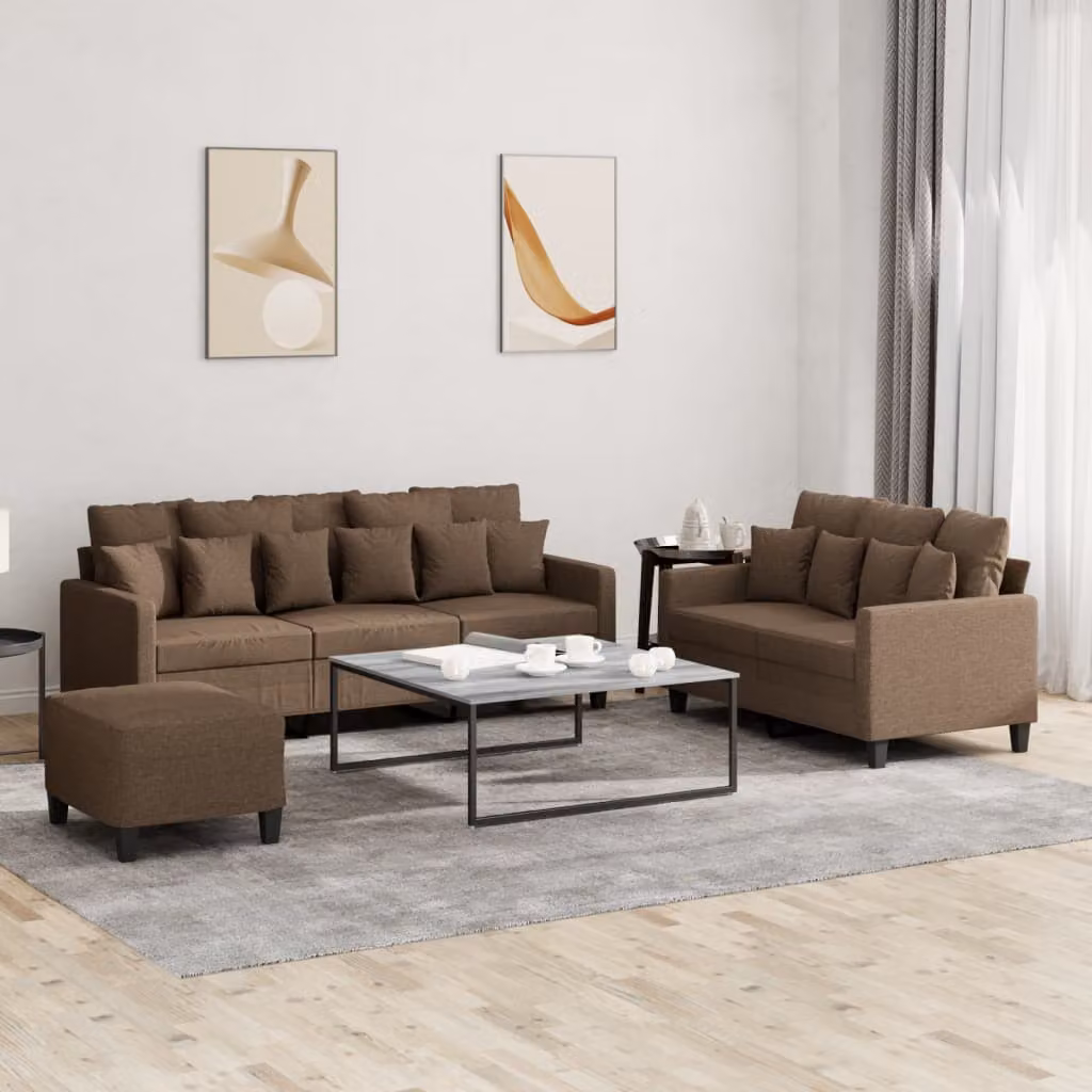 Set di divani 3 pezzi vidaXL con pouf e cuscini, moderno in tessuto marrone per soggiorno – 1