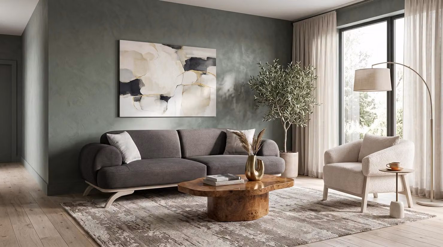 Set di mobili da soggiorno beige-grigio, composto da divani in tessuto, divani di design, stile moderno