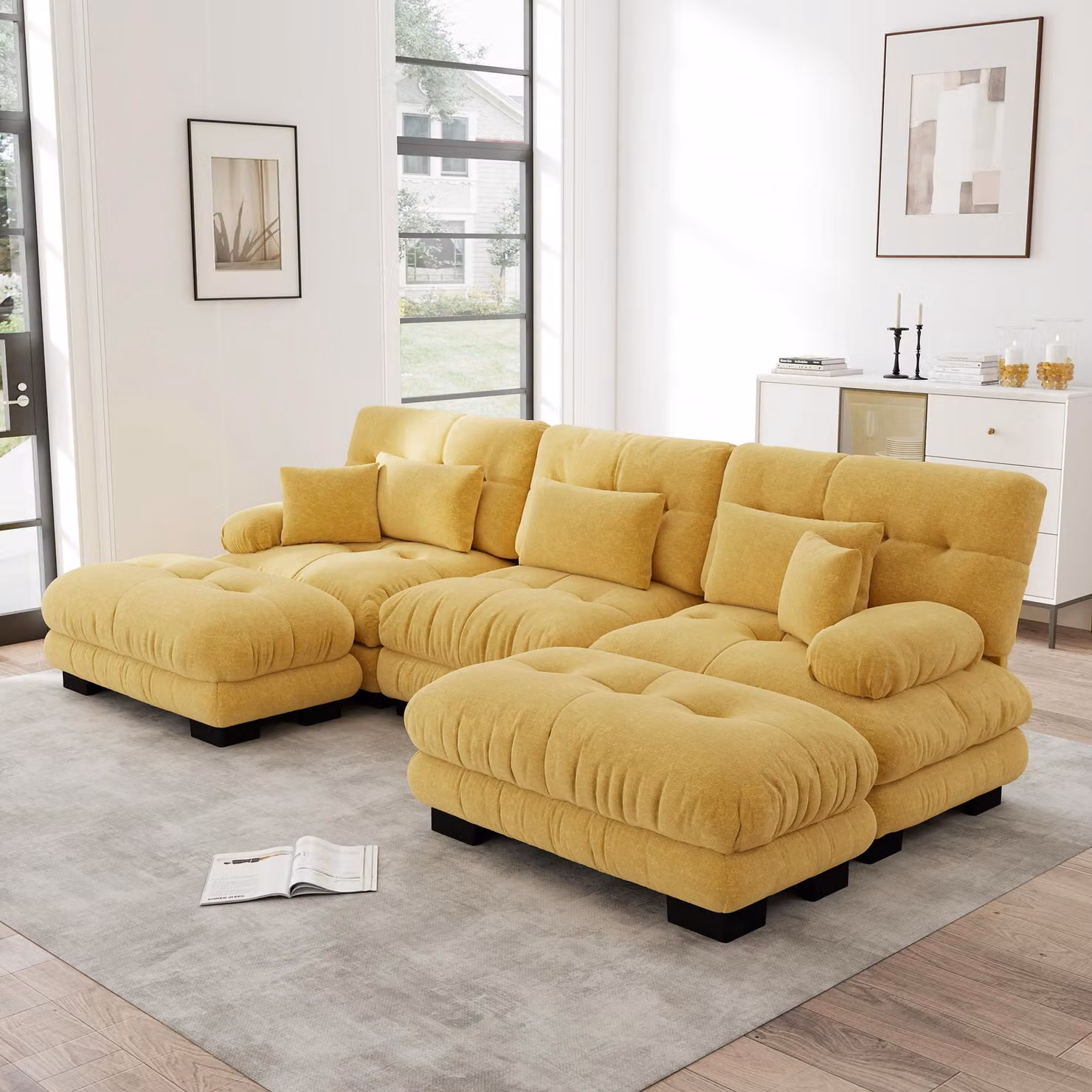 Divano angolare a forma di "L" in tessuto chenille, modello "Cloud Couch", con poggiapiedi, trasformabile in letto (giallo)