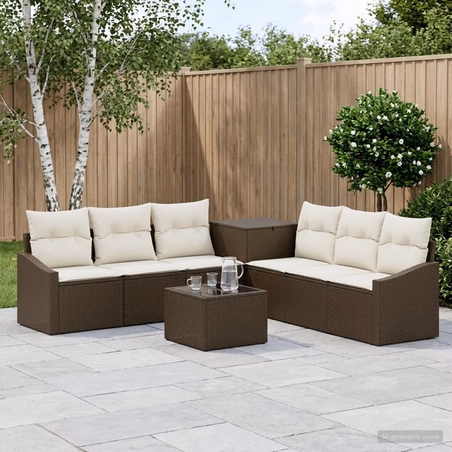 Set di divani da giardino vidaXL in polyrattan marrone e bianco crema con cuscini e tavolino da esterno a forma di U per 8 persone