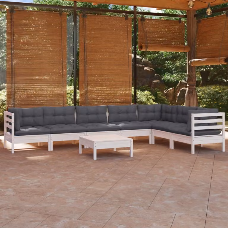 The Living Store Set salotto da giardino 8 pezzi con cuscini in legno di pino massiccio bianco