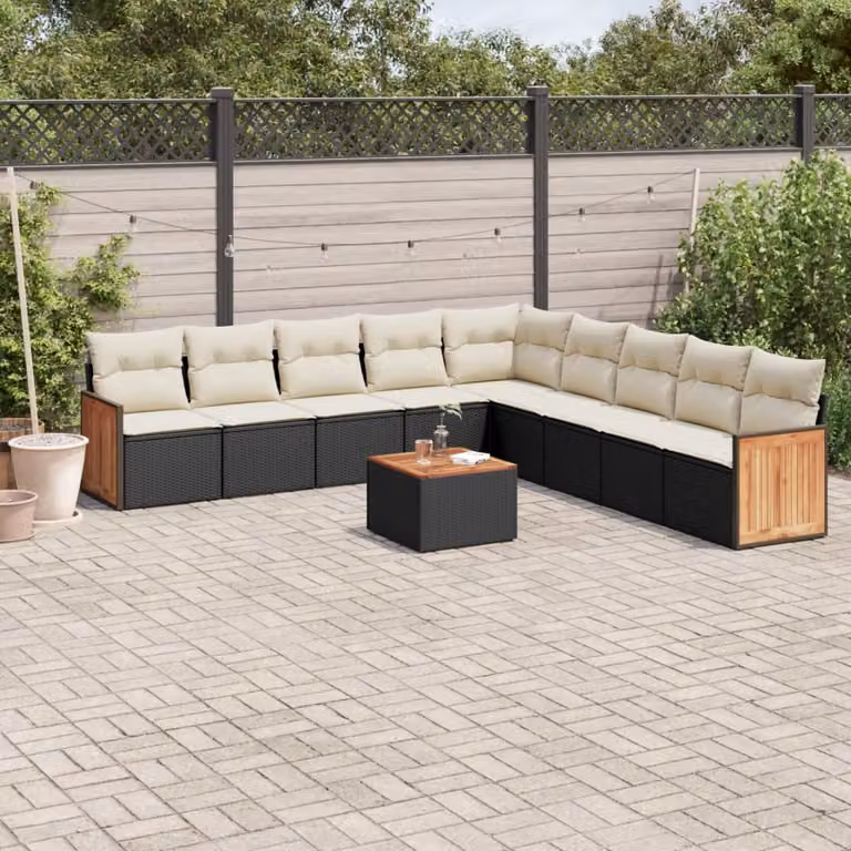 Set di Divani da Giardino vidaXL 10 Pezzi in Polyrattan Nero con Cuscini e Tavolino da Esterno