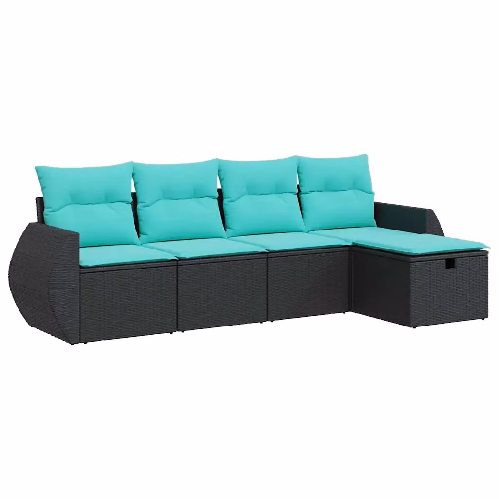 Set da giardino moderno vidaXL composto da 5 pezzi con divano angolare a L, poltrone e pouf, con cuscini blu e struttura in metallo nero – 2