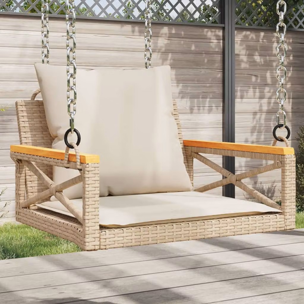 Panchina a dondolo vidaXL in polyrattan e legno di acacia oliato con cuscini beige, L 63 cm x P 62 cm x H 40 cm