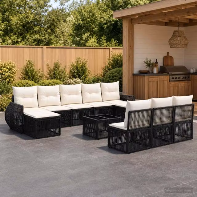 Set Divano da Giardino vidaXL a Forma a U in Polyrattan con Tavolino e Pouf, Nero e Bianco