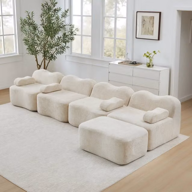 Divano angolare modulare senza struttura interna in velluto beige