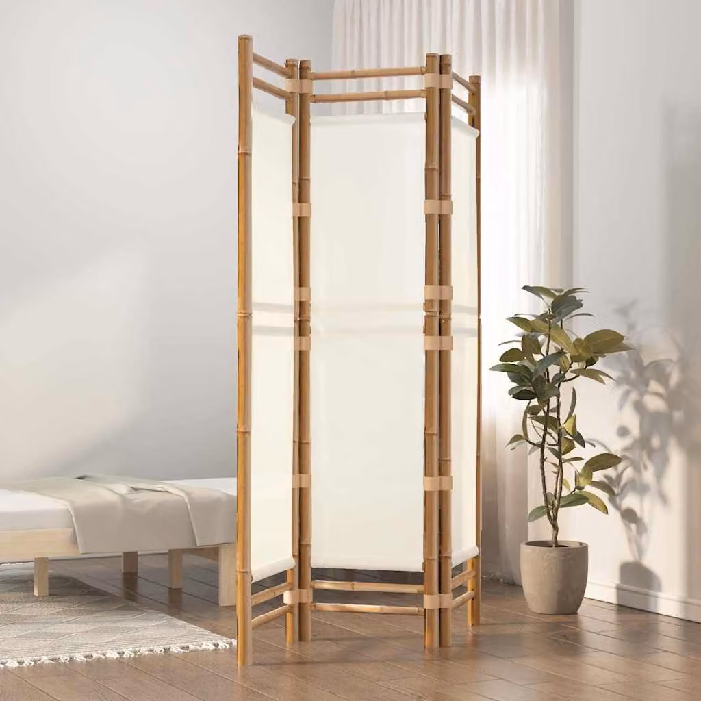 Divisorio Ambienti Pieghevole vidaXL in 3 Pannelli in Bambù e Tela, Colore Beige e Bianco, L: 120 cm, H: 180 cm