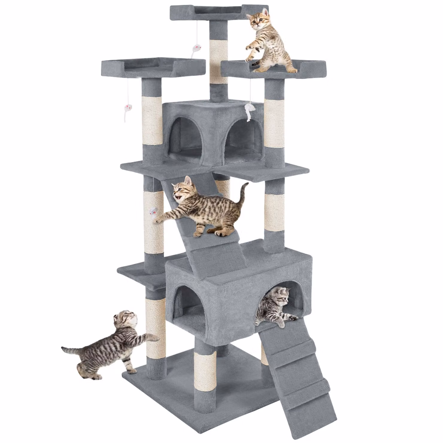 Albero tiragraffi per gatti Barney TecTake GmbH grigio con cave e giochi integrati in sisal – 1