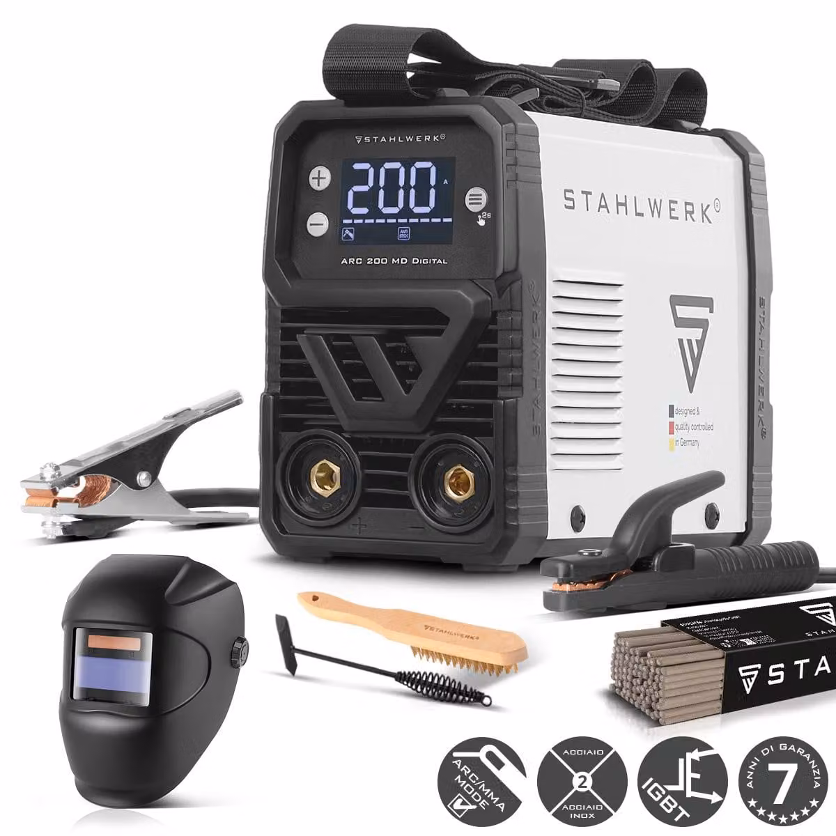 STAHLWERK ARC 200 MD Saldatrice digitale ad elettrodi - completamente attrezzata - MMA (MMA) e Lift-TIG (DC) fino a 200 A, senza gas, ARC-Force, Hotstart