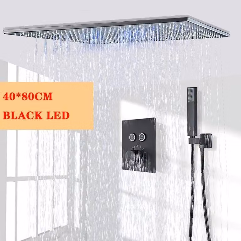 Doccia a LED - Miscelatore da parete rettangolare - Getto a pioggia a 2 direzioni - Illuminazione a LED alimentata dall'acqua - Colore nero