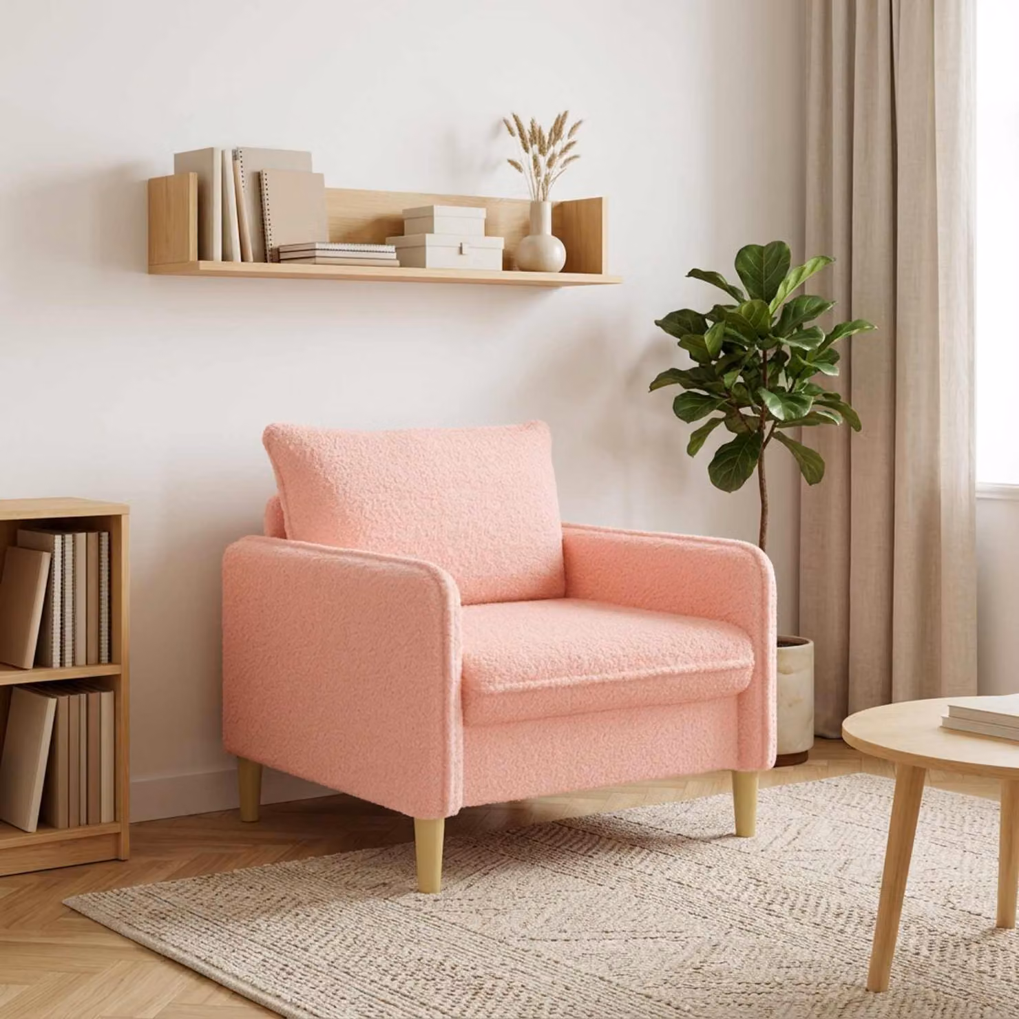 Poltrona XL moderna vidaXL in tessuto bouclé rosa per soggiorno e camera da letto